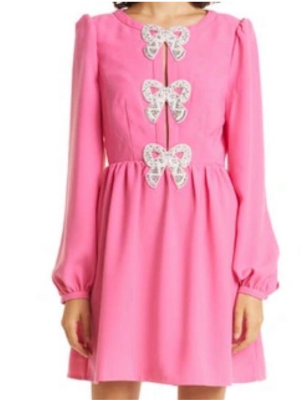 Saloni Camille Crystal Bow Crepe Mini Dress in Bubble Gum